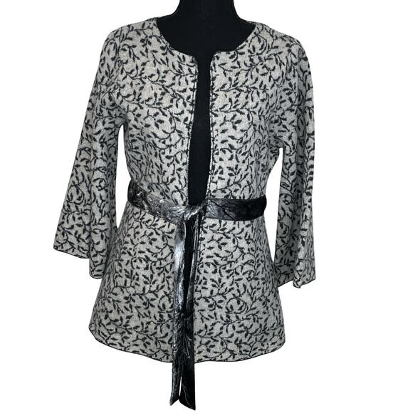Heather B Gray Black Leaf Print Belted Cardigan Jacket Boho Artsy Flare Sleeve S - Picture 1 of 13